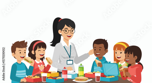 Teacher supervises diverse schoolchildren enjoying lunch together at a table.