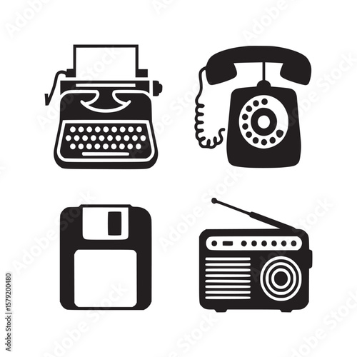 Black and white icons of vintage technology including a typewriter phone diskette and a radio on white