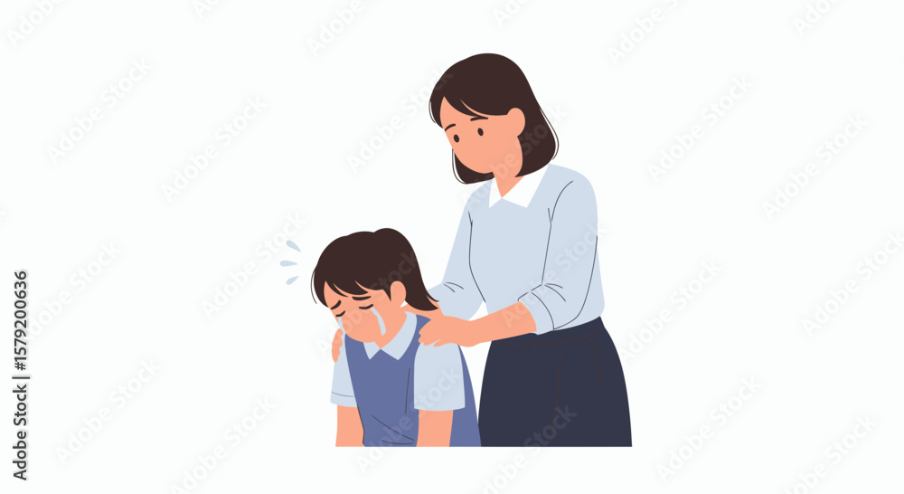 Fototapeta premium A supportive adult comforts a distressed child, showing empathy and care in a simple illustration.