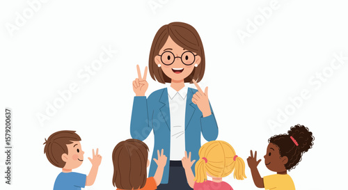 Teacher interacting with a group of attentive children in a classroom setting.