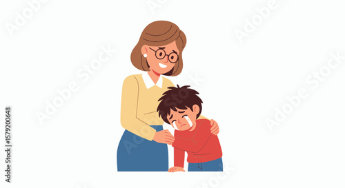 A supportive adult comforts a crying child, offering empathy and care.