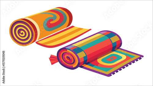 Rolled Rugs with Colorful Designs: A vibrant display of intricately designed rugs, each rolled to reveal a splash of color and artistry, perfect for infusing warmth and character into any space.
