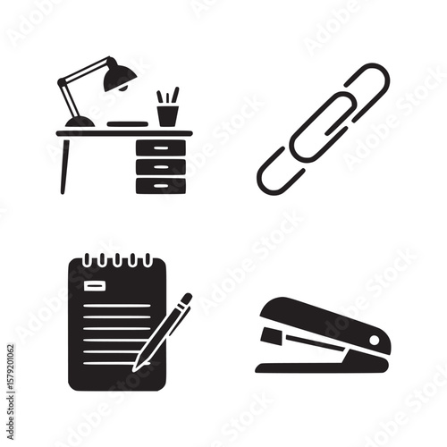 Black and white office supplies icons including desk lamp paperclip notepad and stapler in a grid layout
