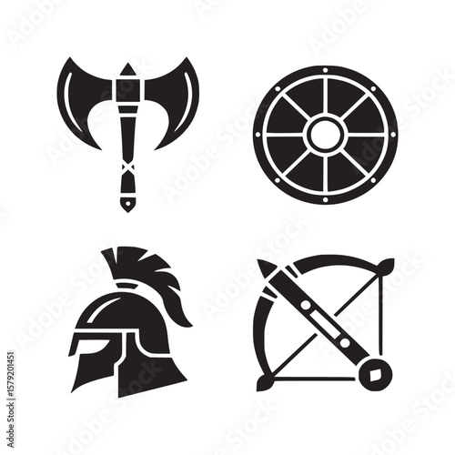 Illustration of a double bladed axe shield helmet and crossbow in black silhouette on a white background