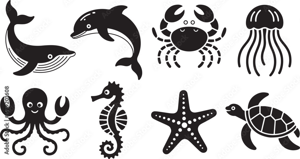 Marine Life & Ocean Animals Icons: Dolphin, Crab, Seahorse, Starfish Marine Life & Ocean Animals Icons: Dolphin, Crab, Seahorse, Starfish