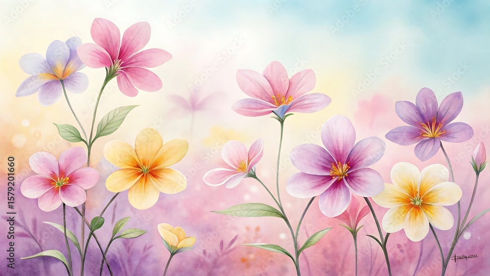 Obraz premium Delicate watercolor flowers bloom in a soft pastel garden