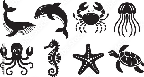Marine Life & Ocean Animals Icons: Dolphin, Crab, Seahorse, Starfish