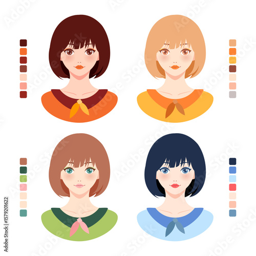Set of 4 cute anime style girl avatars with short bob haircut and different color palettes. Perfect for character design, game assets, or profile icons.