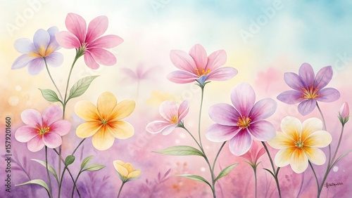 Delicate watercolor flowers bloom in a soft pastel garden