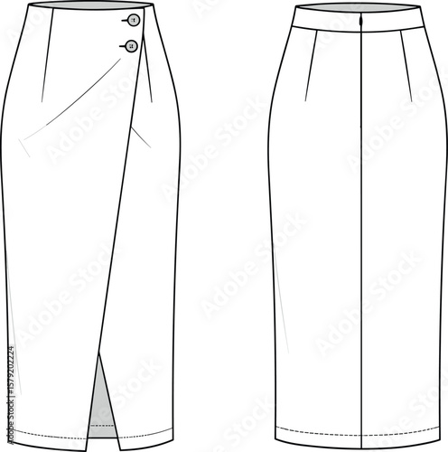Elegant pencil skirt CAD template, flat vector illustration, front and back view, fashion design sketch, technical drawing, sewing pattern