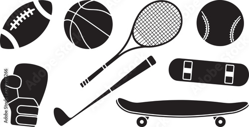 Sports Equipment Icons: Basketball, Tennis, Golf, Skateboarding Gear