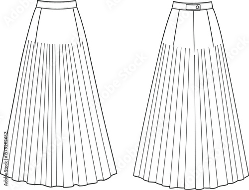 Stylish Women's Pleated Maxi Skirt Technical Fashion CAD Drawing Flat Vector Illustration, Versatile Apparel Design