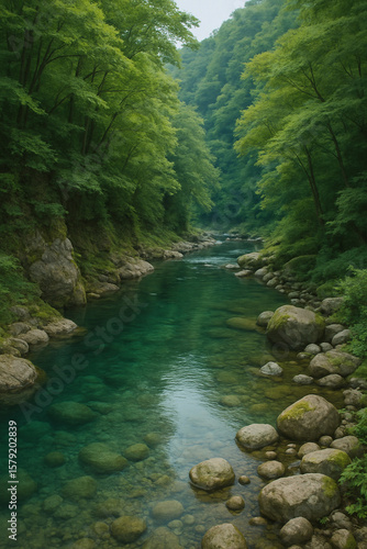 Tranquil Mountain Stream in a Lush Forest