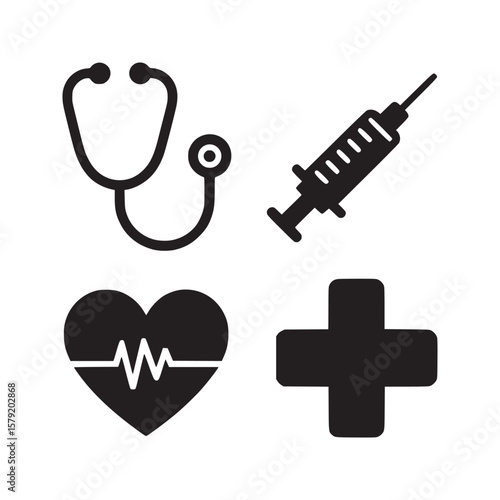 A collection of medical icons including a stethoscope syringe heart and plus sign in black on white