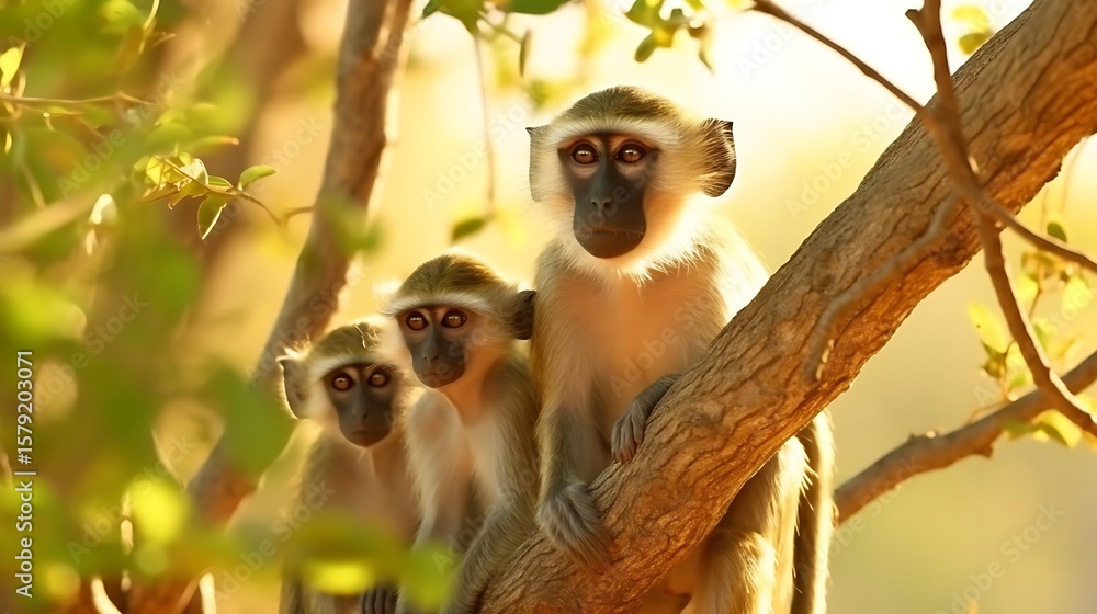 Fototapeta premium A peaceful image of a family of vervet monkeys in a tree, soft green leaves framing the scene, warm golden light filtering through the branches.