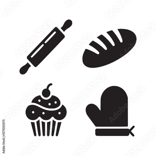 A black and white illustration of baking items including a rolling pin bread cupcake and oven mitt