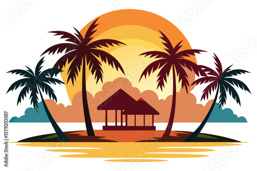 Island sunset with tiki huts