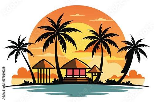 Island sunset with tiki huts