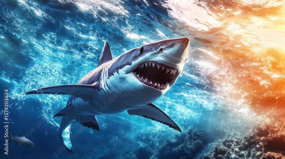 Fototapeta premium Majestic Great White Shark Emerging from the Depths of the Ocean with Jaws Open