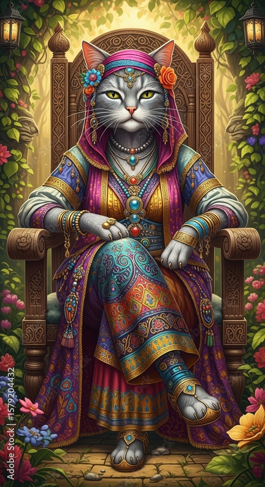 Fototapeta premium Enchanting Cat Queen on Throne in Floral Fantasy Garden