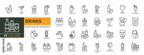 Minimalist Drinks line icons set with editable stroke, featuring wine, martini, cuba libre, soft drink, milk, water, bootle, rum, soda, beer, bubble tea, juice, beverage, te. thin linear illustration.