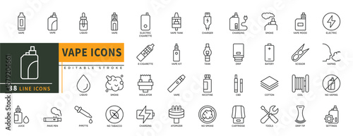 Minimalist Vape line icons set with editable stroke, featuring liquid, electric cigarette, vape tank, insulator, smoke, charging, batery, drip, cbd, cutton, coil, vaping. thin linear illustration.