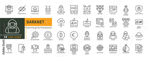 Minimalist Darknet line icons set with editable stroke, featuring hidden service, hacking tools, malware, encryption, vpn, proxy server, phishing, bitcoins, anonymous, cyber. thin linear illustration.