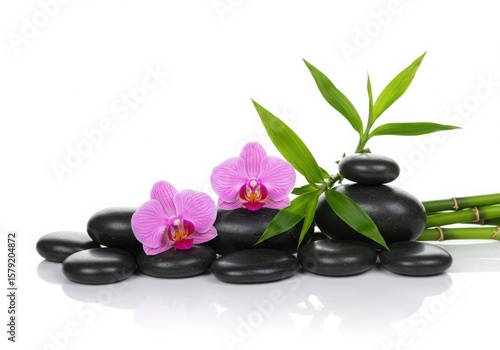 Zen balance of pink orchids and bamboo stalks on smooth black stones isolated on white background