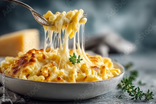 Bowl of kaese spaetzle, german cheese noodles topped with thyme, warm inviting atmosphere, creamy texture. Concept of kaese spaetzle showcases coze comfort food experience.