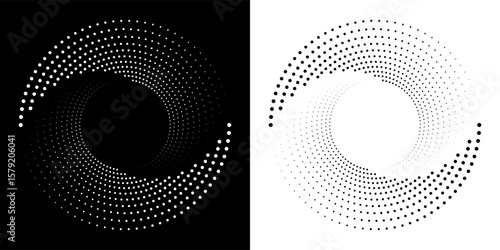 Modern abstract background. Halftone dots in circle form. Spiral logo, icon or design element. Black dots on a white background and white dots on the black side.