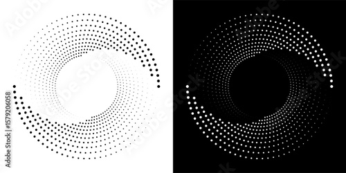Modern abstract background. Halftone dots in circle form. Spiral logo, icon or design element. Black dots on a white background and white dots on the black side.