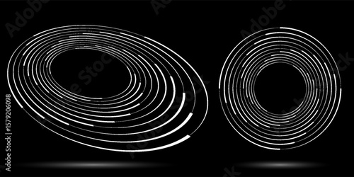 Spiral with black speed lines as dynamic abstract vector background or logo or icon. Artistic illustration with perspective on white background.