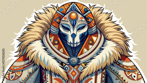  Very beautiful white background  close up The Alaskan Inuit parka, lined with fur and bold tribal patterns, embodies warmth and survival, ideal for a stunning full-body winter-themed vector with i