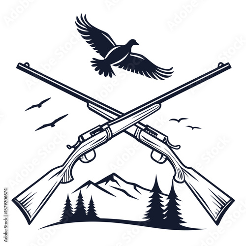 Two crossed hunting rifles sit below a bird flying near mountain landscape illustration