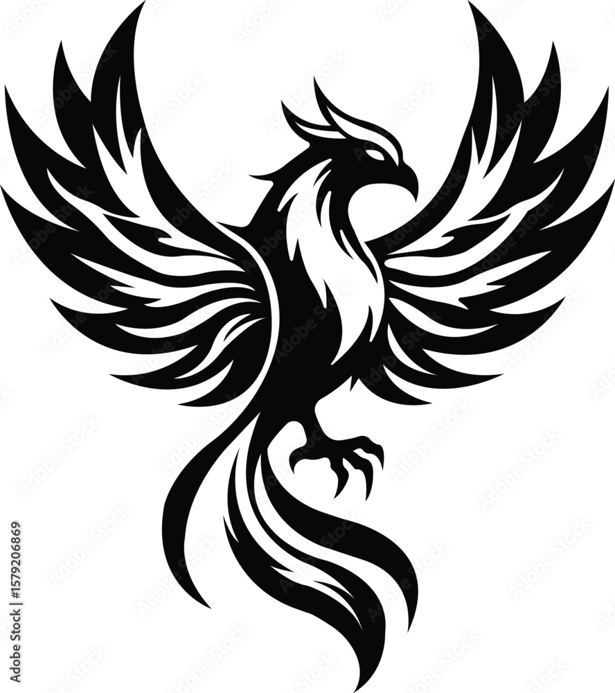 Obraz premium Phoenix Vector Tribal Style Illustration with Spread Wings and Flame Tail, Phoenix Vector Mythical Bird Silhouette in Bold Black Design