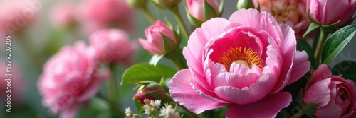Pink peonies and roses bouquet Abundant blooms, lush greenery , photography, blank space, summer