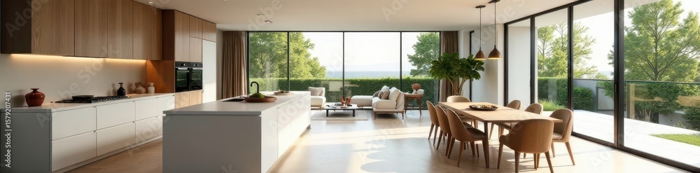 Fototapeta premium Sleek minimalist kitchen opens to sunlit living area & terrace , open plan, appliances, plants