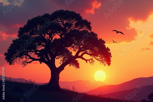 Silhouette of a majestic oak tree, birds in flight at sunset , flying, wild, nature