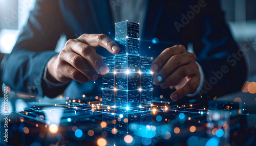 Human hands interact with glowing digital blocks, symbolizing data connection and future innovation