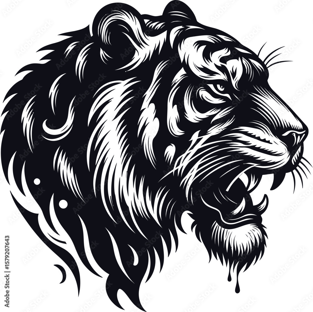 Obraz premium Wild predator feline head tattoo illustration, a powerful tribal animal vector design