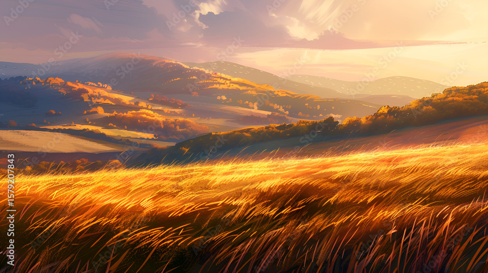 Fototapeta premium Golden field in front of rolling hills at sunset with orange and pink sky in the background art painting .