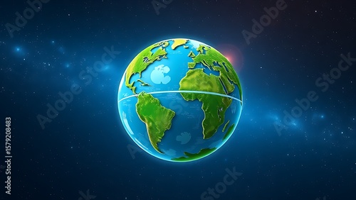 Abstract globe illustration with lush vegetation, floating in a starry cosmic background.