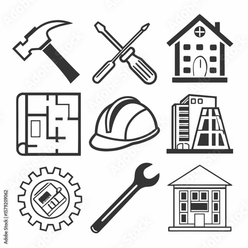 Construction and renovation icons including tools buildings plans and safety gear