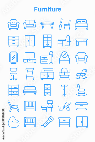 A collection of various furniture icons, rendered in a clean, minimalist style.
