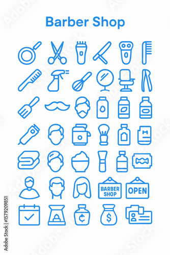 Outline icons depicting barber shop tools and services arranged in rows, including scissors, clippers, and a barber chair.