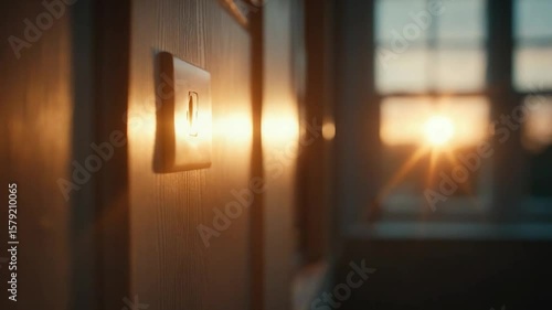 Close-up of hand reaching to switch on the light in a room during sunset, warm glow illuminating wooden wall, cozy home interior, relaxing evening atmosphere