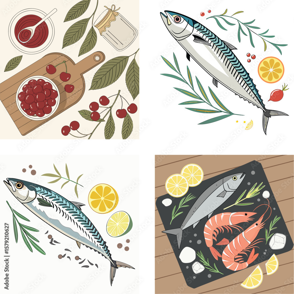 Obraz premium Fresh mackerel and shrimp with cherries and citrus fruits