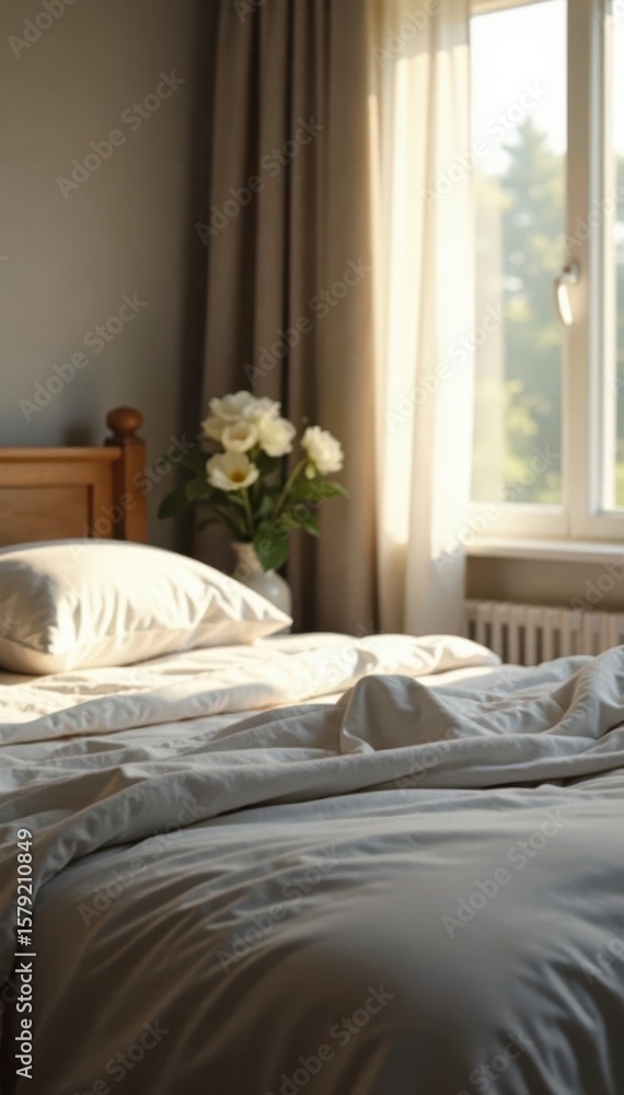 Fototapeta premium Neatly made bed, soft light streaming through window, style, decor, curtains