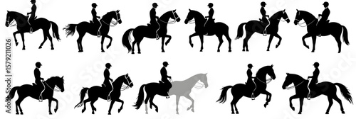 Set of equestrian horse and rider silhouettes in various riding poses and positions black and white minimalist vector