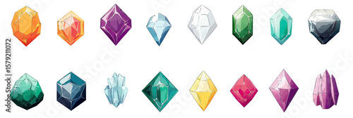 Colorful gemstone and crystal icons set with various shapes and facets flat vector illustration for jewelry and mineral design elements collection bright shiny precious stones